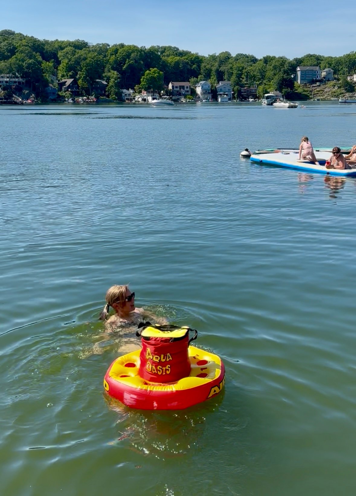 Cold drinks in the inflatable floating cooler.